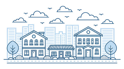 Fototapeta premium Modern Cityscape Line Art Houses, Buildings, Clouds, and Trees Illustration