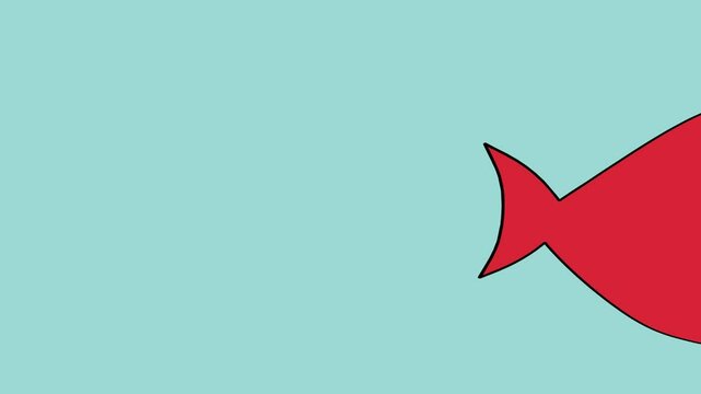 Simple cartoon drawing of a big red fish eating a smaller blue fish, representing concepts like competition, market share, and imbalance. More powerful exercises control or influence over the weaker
