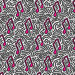 Music note seamless pattern with doodle. Pink note with doodle line art.