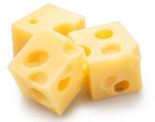  Emmental cheese cubes isolated on white background. File contains clipping path.