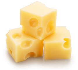  Emmental cheese cubes isolated on white background. File contains clipping path.