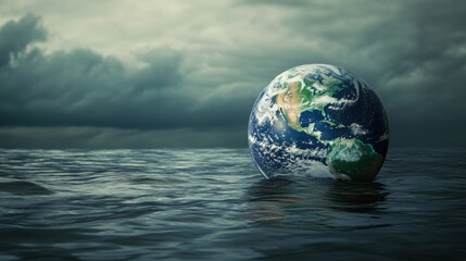 A globe partially submerged in water under a cloudy sky, symbolizing environmental issues.