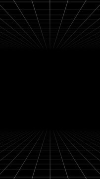 Black vertical background with animated digital white thin grid lines with depth. Loop abstract motion background for technology, science, blueprint, or infographic concept