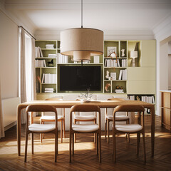 Contemporary interior design of apartment. Modern home design. Dining room, Living room. 3D Rendering, 3D Illustration	
