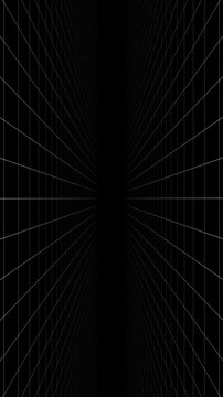Black vertical background with animated digital white thin grid lines with depth. Loop abstract motion background for technology, science, blueprint, or infographic concept