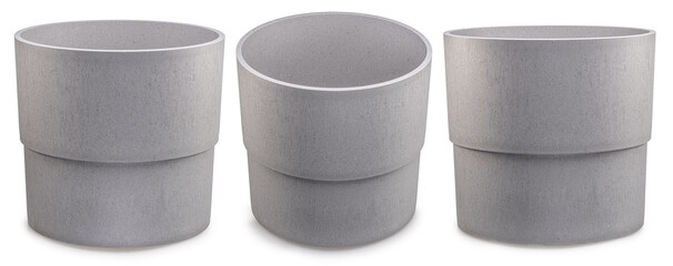 Set of three gray plastiс flower pots on white background. File contains clipping paths.