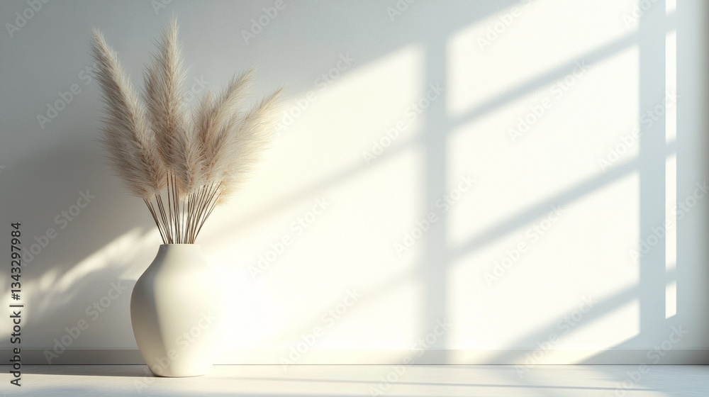 Poster a delicate white vase holds tall, fluffy pampas grass, casting gentle shadows on the soft, illuminat