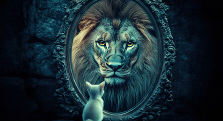self esteem and personal growth of A small cat peers into a mirror, its reflection showing a lion, its reflection revealing a fierce lion, embodying inner strength and transformation.