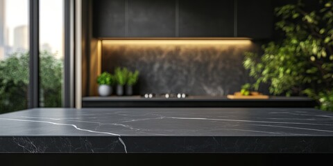 A modern kitchen countertop features elegant black marble design