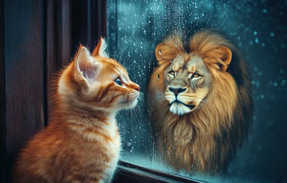 self esteem and personal growth of A small cat peers into a mirror, its reflection showing a lion, its reflection revealing a fierce lion, embodying inner strength and transformation.