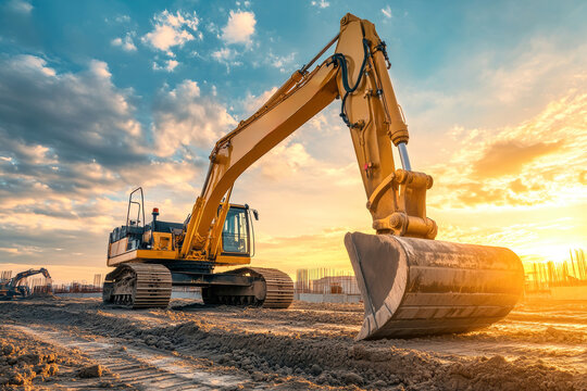 Yellow excavator at construction site installing water supply system under orange sunset sky with blue tint