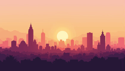 Geometric skyline silhouette at dawn, warm urban ambiance
