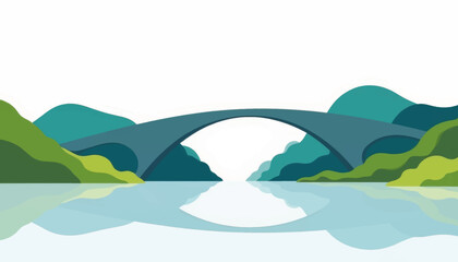 Abstract bridge connecting two islands over serene water, harmony