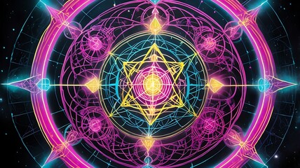"An intricate web of sacred symbols, including Metatronâ€™s Cube and the Sri Yantra, radiating in neon pink, electric yellow, and cosmic turquoise."