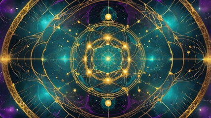 "A futuristic sacred pattern combining celestial grids, energetic waveforms, and vibrant sacred symbols in a glowing teal, gold, and deep sapphire palette."