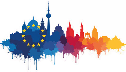 Modern city skyline silhouette with European Union flag, unity concept
