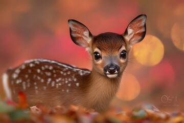 Fototapeta premium Adorable Fawn Autumn Leaves Wildlife Portrait