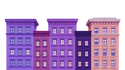 Fototapeta premium Row of Colorful Cartoon Buildings, Cityscape Illustration, Purple Pink Apartment Blocks