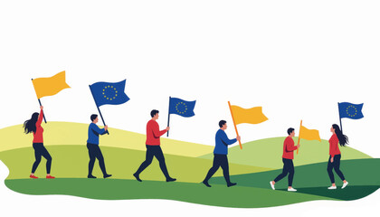 Stylized individuals carrying EU flags in geometric landscape, unity