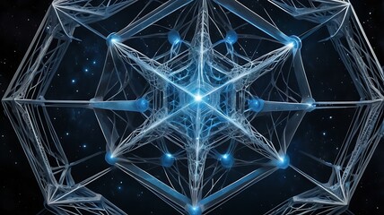 "An interstellar geometry-inspired artwork with intricate hexagonal lattices, pulsating with celestial blues, radiant magentas, and shimmering silvers."