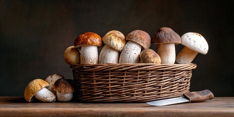 Fresh Porcini mushrooms arranged in a basket on a wooden table  