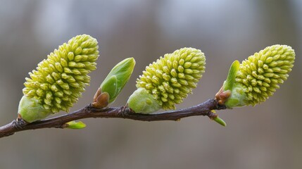 Obraz premium Close-up of green buds on a branch, showcasing early spring growth.