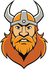 A bold Viking mascot logo with a fierce expression, horned helmet, and battle-ready stance. Perfect for sports teams, brands, or gaming identities seeking strength.