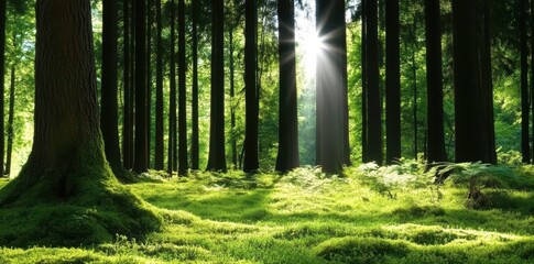 Fototapeta premium Sunlight Streaming Through a Tranquil Pine Forest, Creating a Serene and Peaceful Atmosphere