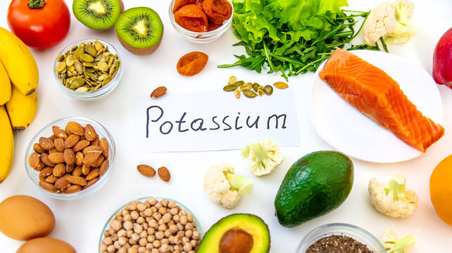 Different foods containing potassium. Selective focus.