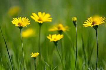 Fototapeta premium Vibrant Yellow Wildflowers in Green Meadow