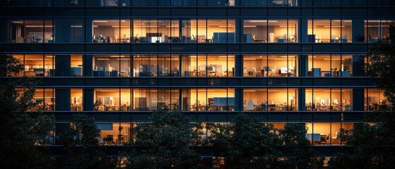 Office building facade illuminated at night showcasing bustling work life and warm interiors