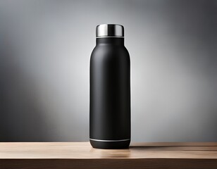 matte black water bottle tumbler mockup standing on minimalist wood isolated on grey background ai generated images