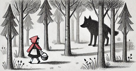 A girl in a raincoat and a wolf. Cute illustration, a girl and a wolf in the middle of the forest. Illustration on the theme of a fairy tale.