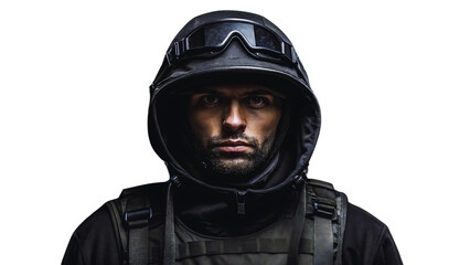 Serious Tactical Soldier Portrait Dark Hooded Helmet, Military Gear, Black Background