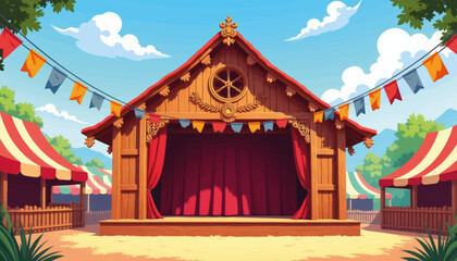 Vibrant festival stage adorned with colorful flags, cultural celebration