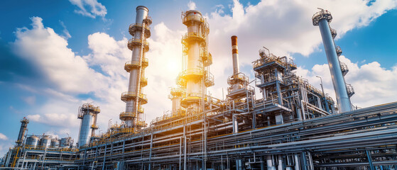 Vibrant oil refinery under a bright blue sky with advanced equipment and pipes in a luxurious architectural style