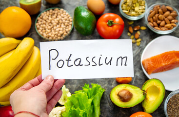 Different foods containing potassium. Selective focus.