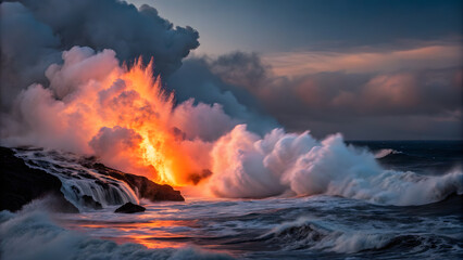 Fototapeta premium Marine Heatwaves.stunning display of marine heatwaves as lava meets ocean, creating dramatic