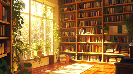 Sunlit library corner with cascading vines creates a serene reading haven