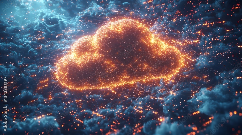 Poster glowing cloud like structure representing digital data storage and computing