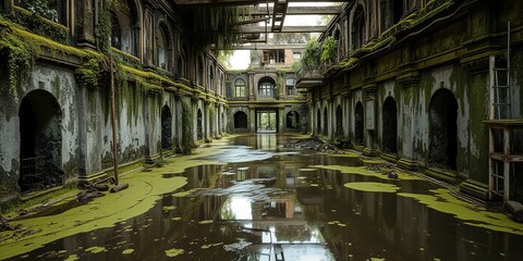 Forgotten Asian City,  Lichen-Covered Ruins,  Waterlogged Past