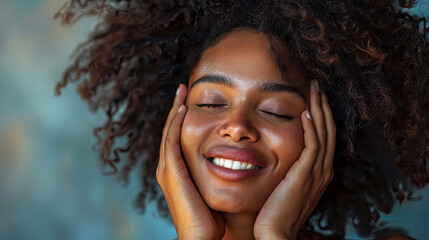 A serene expression of pure joy and contentment, captured in a radiant portrait with vibrant details and natural beauty. Experience the warmth and positivity. Generated AI