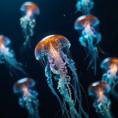A close-up of a jellyfish glowing in the deep blue ocean, with light refracting through its translucent body. by deepseek