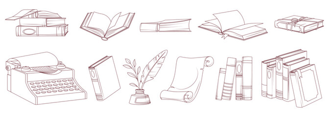 Set of sketch vector illustration of books, standing books, open book, quill, open scroll, old typewriter. Book lover, bookstore, library, writer concept.