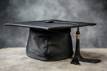 A black graduation cap is resting on a surface