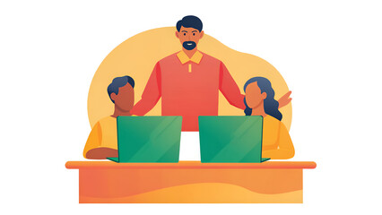 Neurodiversity Technology A group of three people collaborates at a desk with laptops in a colorful, illustrated setting.