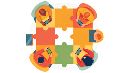 Neurodiversity Technology Collaboration concept with people working together on a colorful puzzle-shaped table.