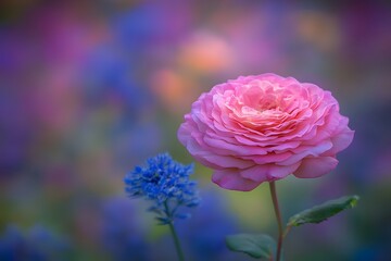 Fototapeta premium Pink Rose Bloom Blue Flower in Soft Focus Garden