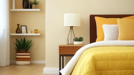 Fototapeta premium Cozy and inviting bedroom featuring a stylish bedframe and soft, luxurious bedding for ultimate relaxation.