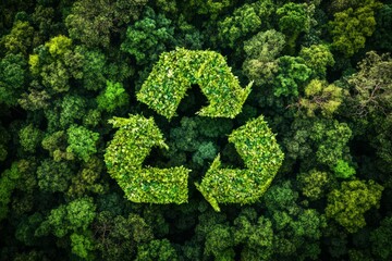 Lush forest with green recycling symbol overhead. AI image